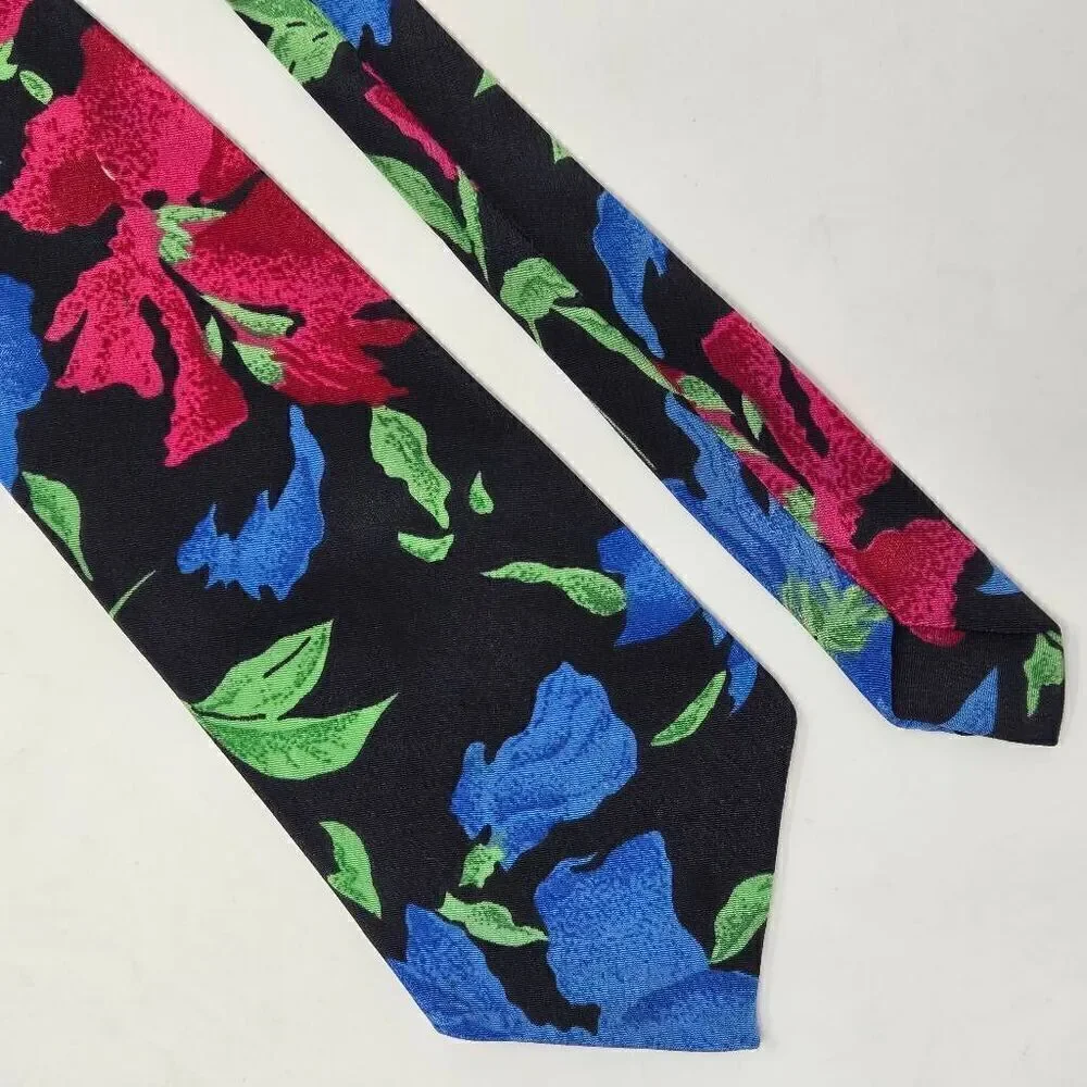 VINTAGE TIES BY JON CALIFORNIA SILK TIE BLACK BLUE RED HAWAIIAN MOTIF 3.5